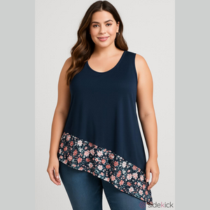 Floral Trim Navy Tank Top